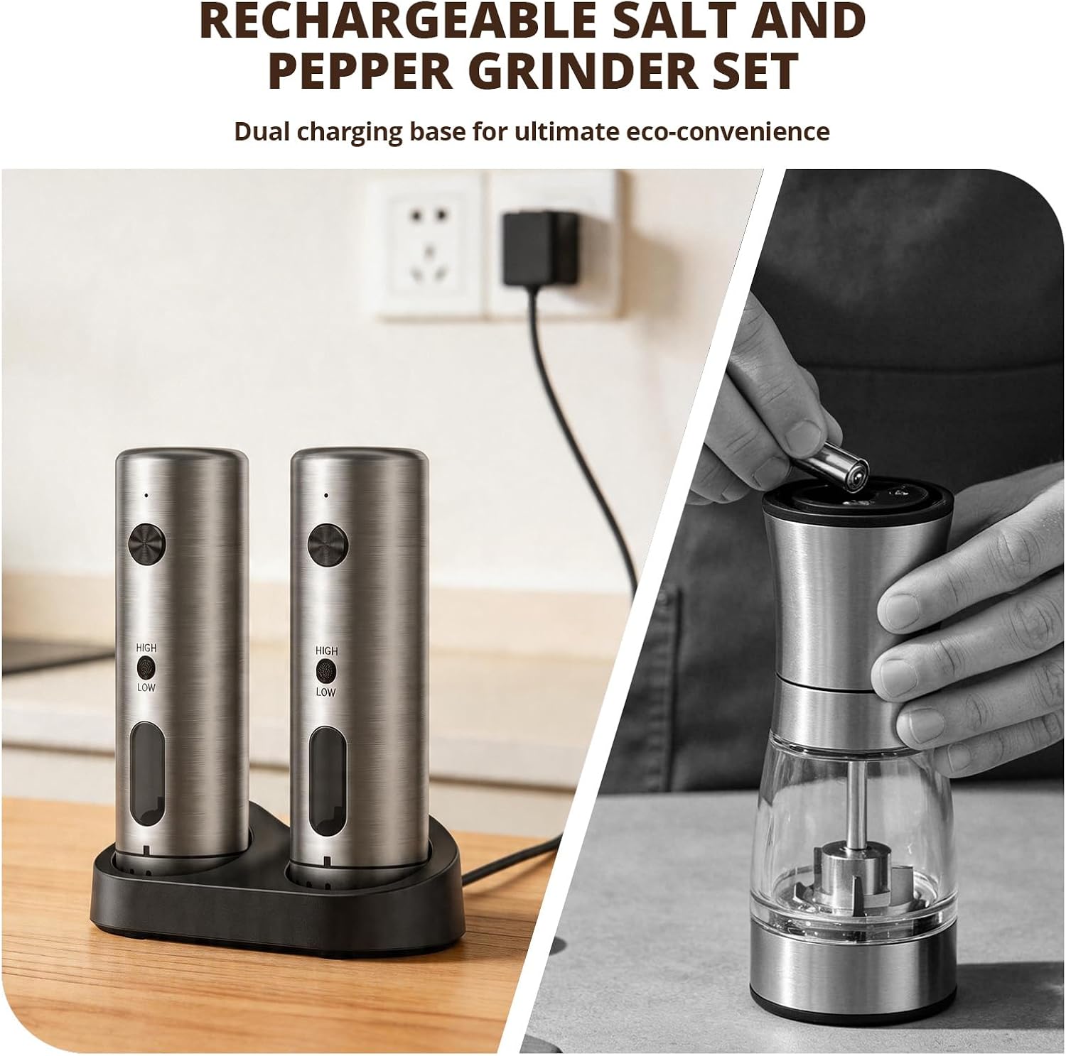 Electric Salt & Pepper Grinder, USB-C, 6-Level & 2-Speed, 2 Pack | Ceramic Core, LED Light, Dust Caps, Arthritis-Friendly One-Touch, 60% Faster Dual-Speed, 110ml for Kitchen & BBQ