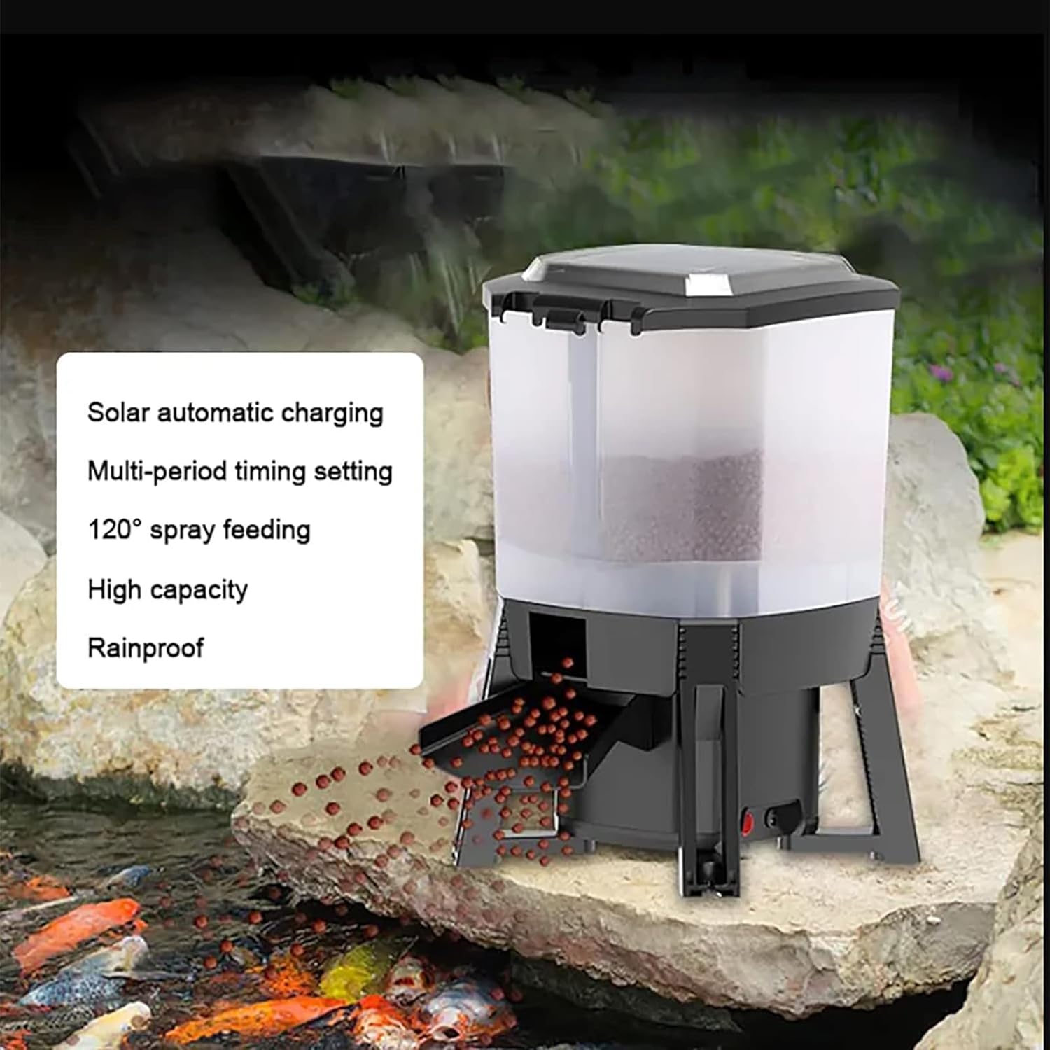 Electric Fish Food Dispenser, 6L Solar Fish Pond Feeder with 4 Poles, 120° Dispersed Feeding Design and Accurate Timing, Adjustable Feeding Distance and 3-10mm Fish Food Particle, for Fish Tank
