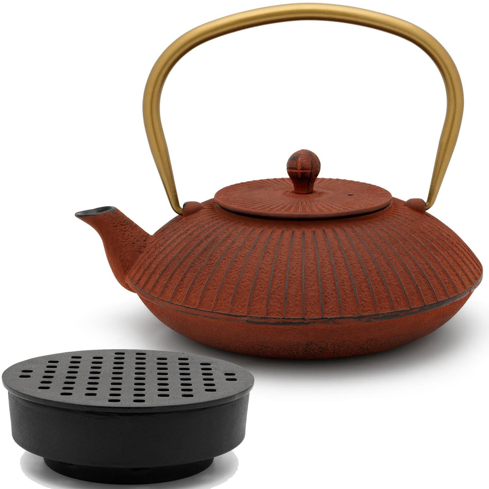 Bredemeijer rote flache Teekanne 1.1 Liter Gusseisen - Gusskanne Set im asiatischen Design & Edelstahl Tee-Filter Sieb-Einsatz für losen Tee & Teewärmer
