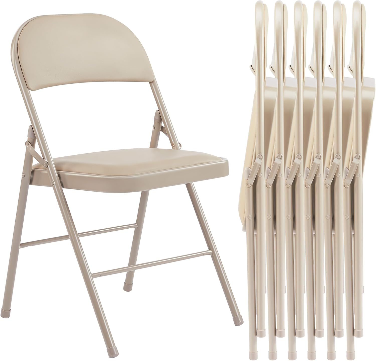 Simple Deluxe 6 Pack Folding Chairs with Leather Padded Cushion Seats & Durable Metal Frame, Comfortable, Foldable, Portable, Commercial Event Seat, Indoor Outdoor for Parties, Home, Office, Kahki