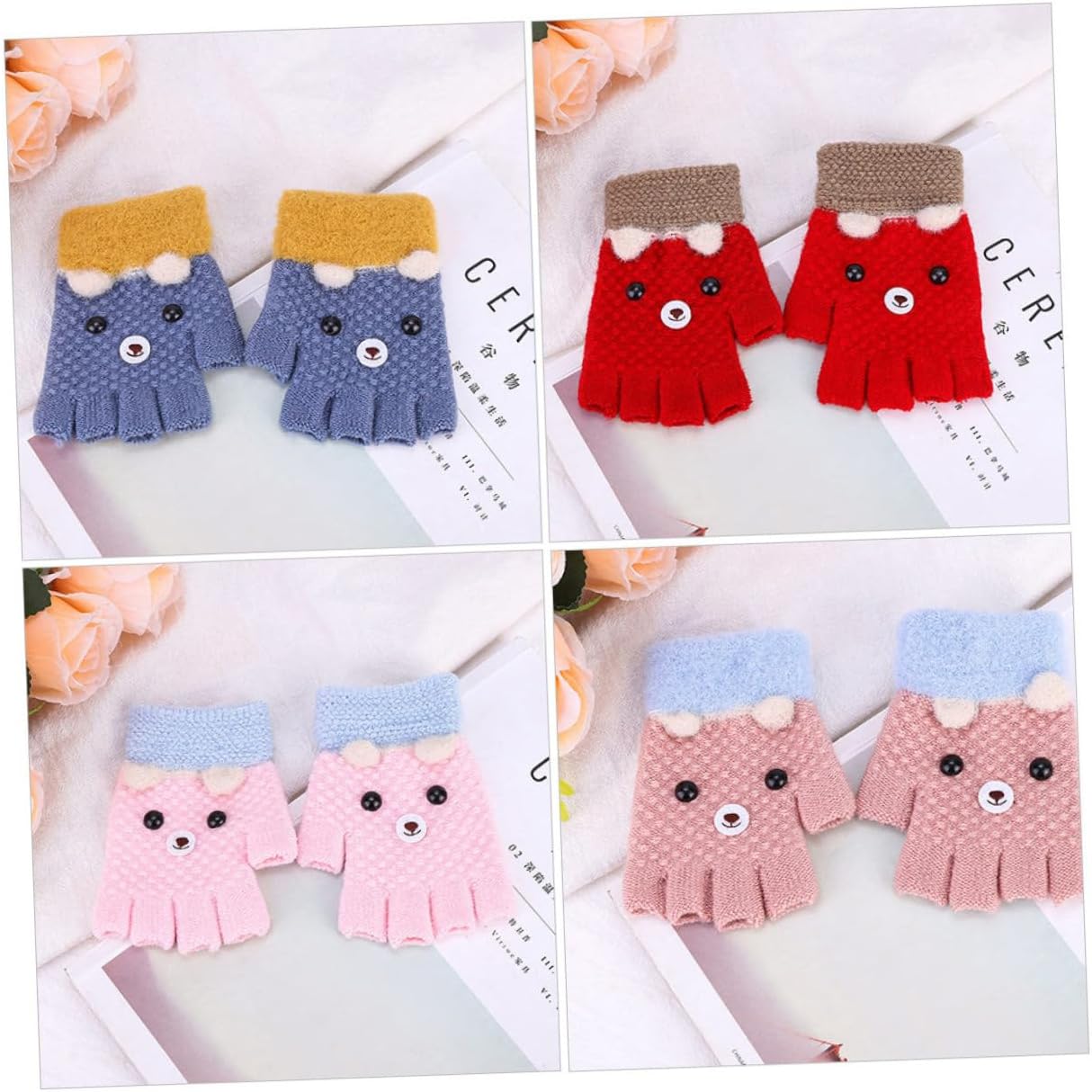 NOLITOY 4pairs Boy Girl Warm Half Finger Cartoon Gloves Cozy Fingerless Mittens for Boys and Girls for Winter Indoor Outdoor Use Random Color