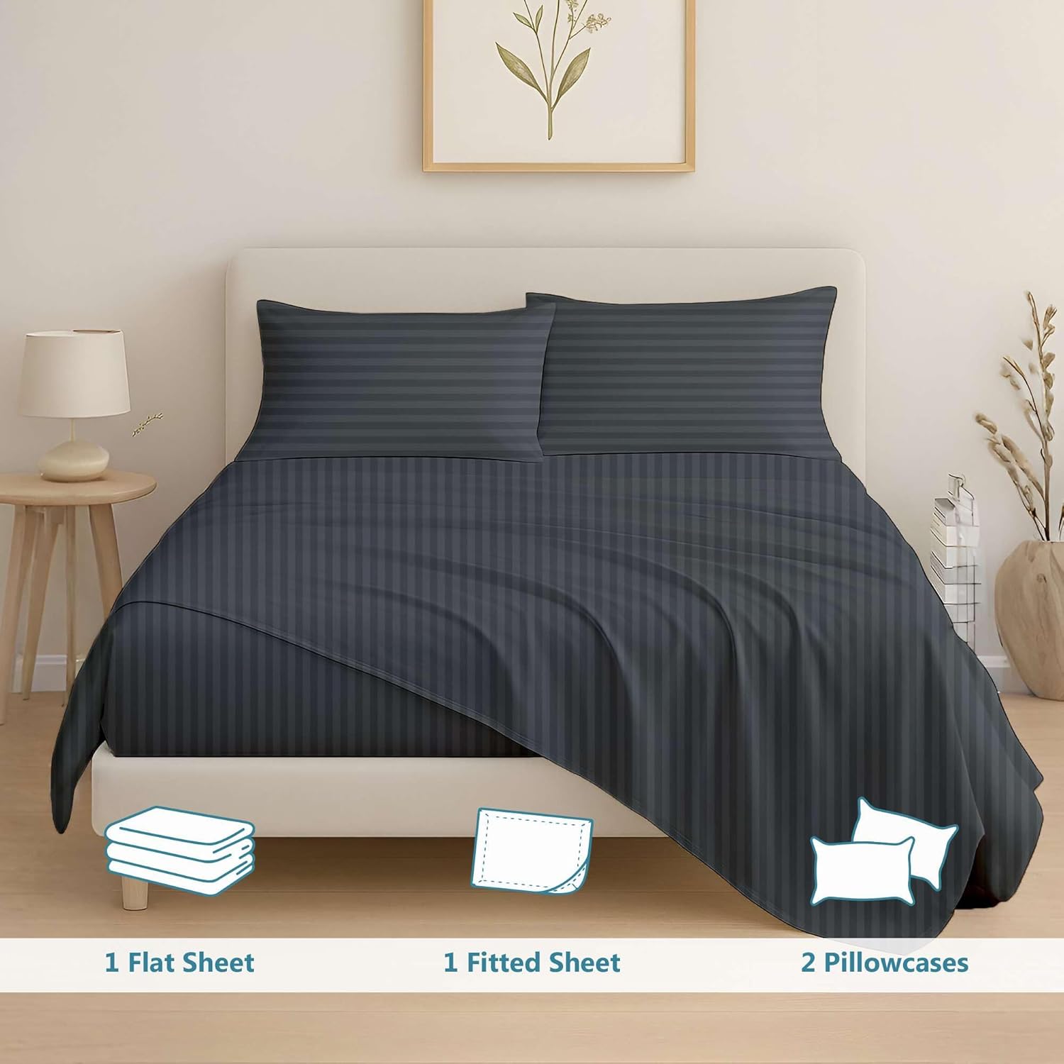 Cotton Bed Sheets - 100% Cotton - 500 Thread Count - 4-8 Inch Deep Pocket Fitted Sheet With Elastic All Around- Soft & Luxurious Hotel Quality Sheets(Dark Grey Stripe - Full)