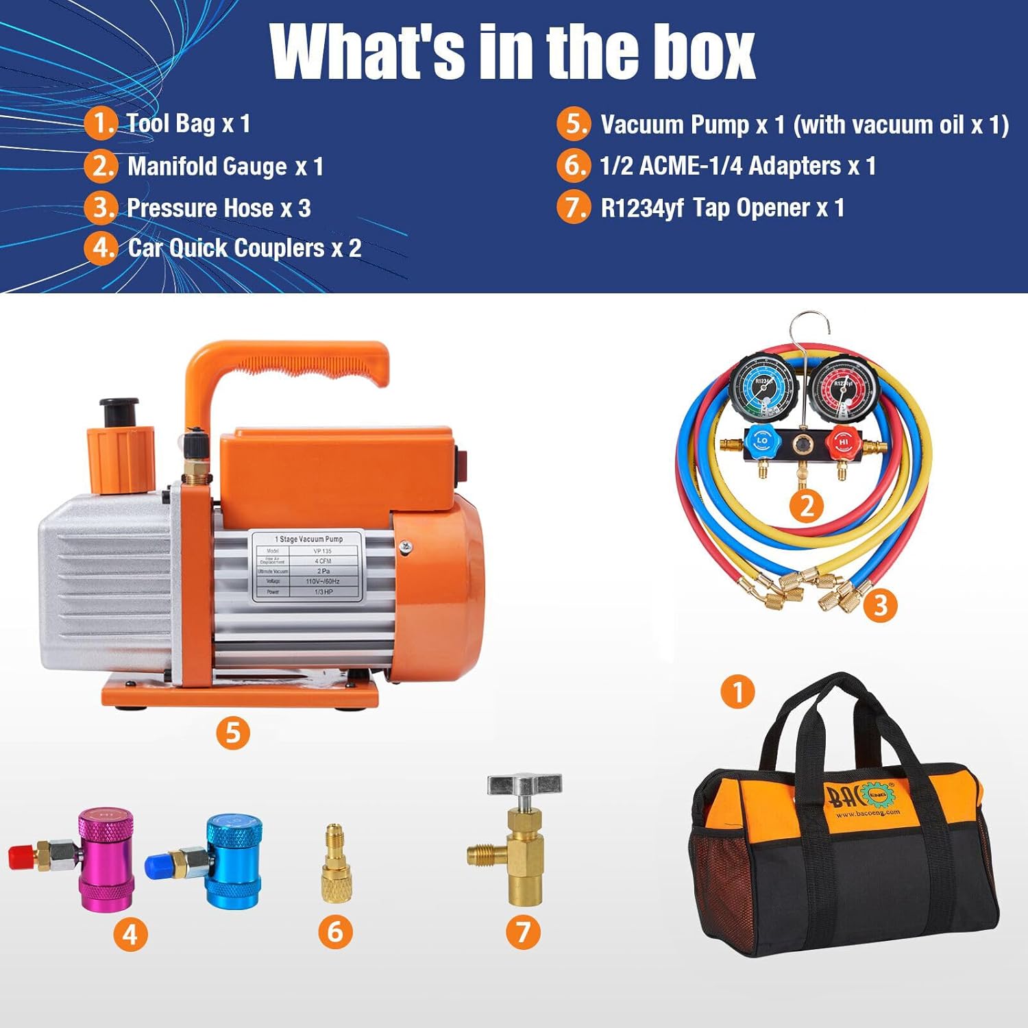 BACOENG R1234yf AC Vacuum Pump and Gauge Set, 4 CFM Sparkless HVAC Vacuum Pump Kit for R1234yf Refrigerant, with Can Tap and Quick Couplers