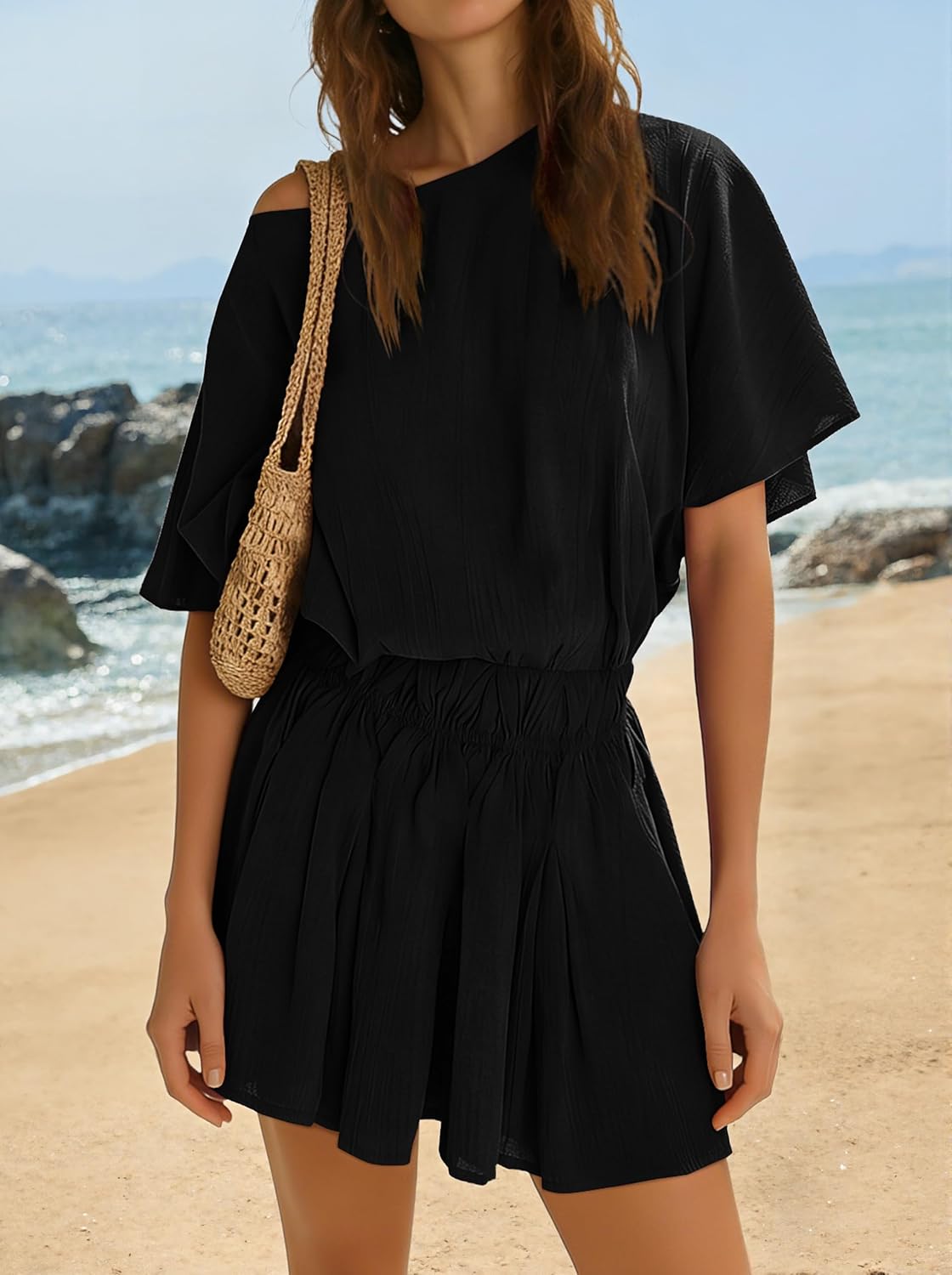 Yousify Womens Off The Shoulder Summer Dresses Short Batwing Sleeve Cinched Waist Mini Dress Casual Ruffle A-Line Short Dress