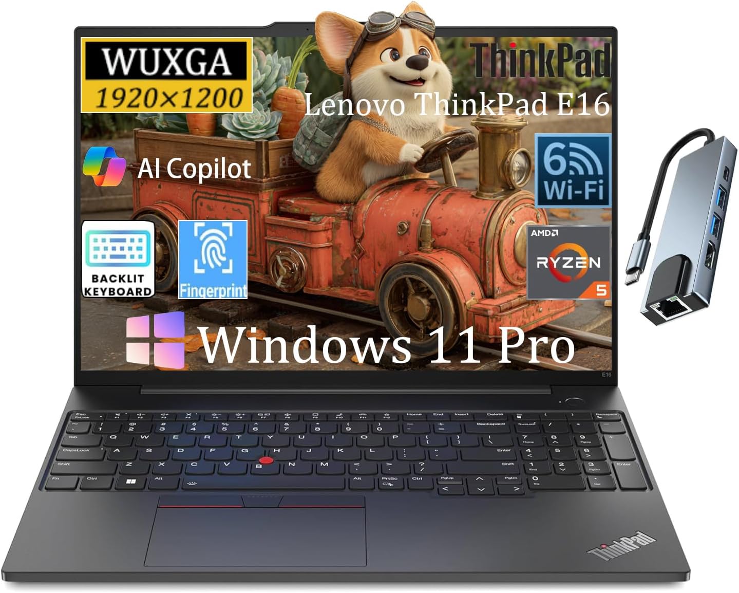 Lenovo ThinkPad E16 Business Laptop, 16" WUXGA Anti-Glare Display, AMD Ryzen 5 7530U(> i7-1165G7,Up to 4.5GHz), 16GB RAM, 512GB SSD, Fingerprint, Backlit,Wi-Fi 6,Windows 11 Pro,RJ-45,with 5 in 1 Hub