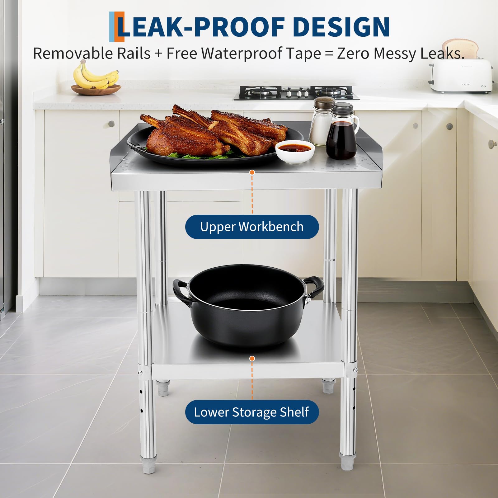 Garvee Mesa de Trabajo Acero Inoxidable 201 para BBQ 30,5 × 61 × 76 cm, con Protector Desmontable de 3 Lados, Estante Inferior, Mesa Auxiliar Cocina Exterior