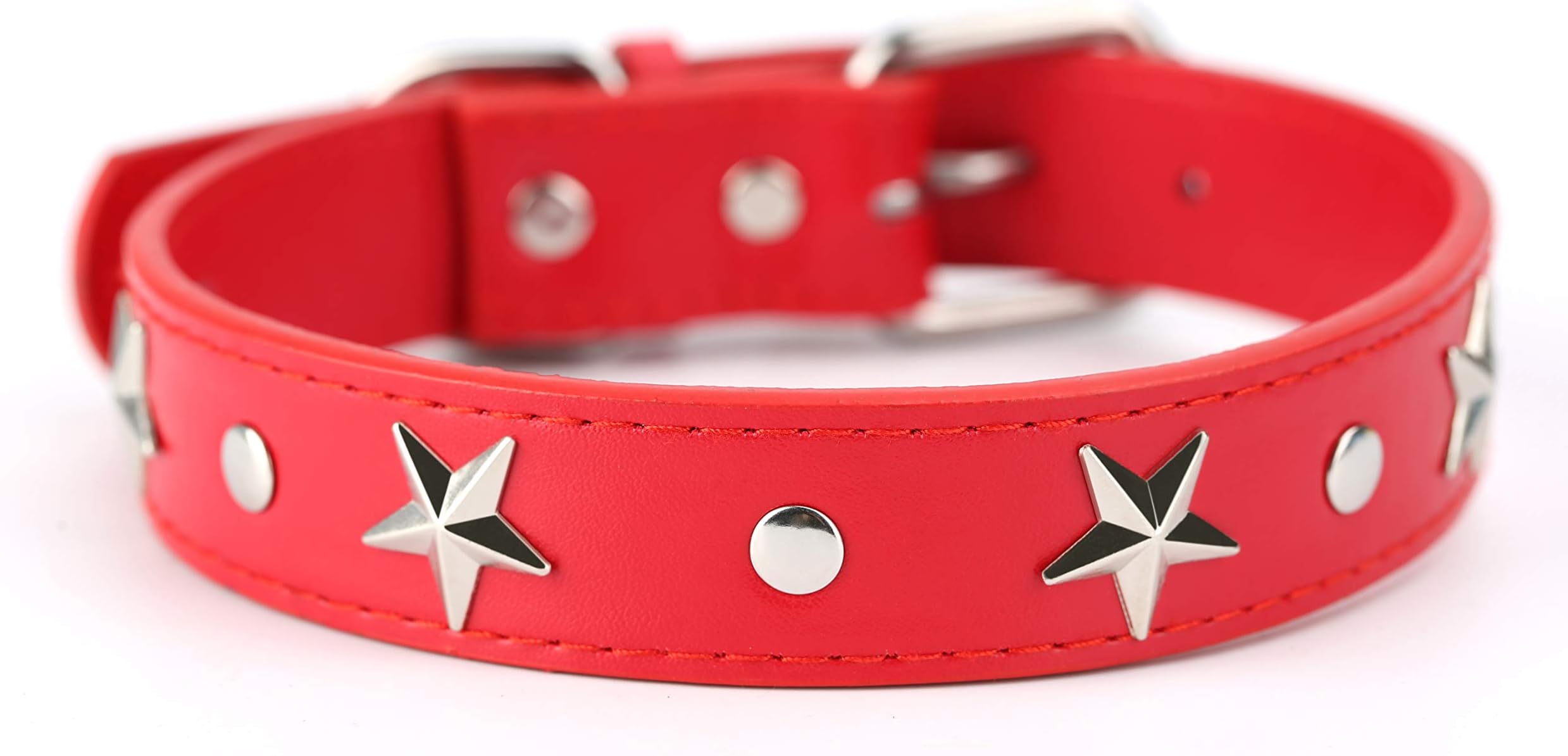 Mora Pets Leather Dog Collar for Small and Medium Dogs, Silver Star Studded Collar for Pets (Medium, Red)