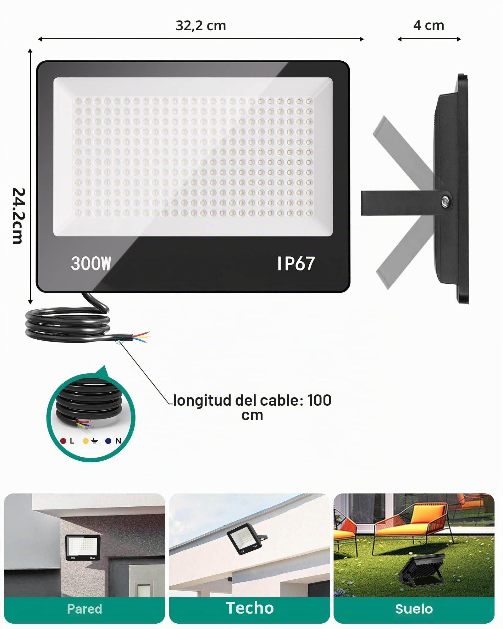 Focos LED Exterior, 2 Piezas 300W 30000LM 6500K Floodlight Blanco Frío, IP67 Impermeable Proyector LED Exterior Iluminación de Seguridad para Jardin Patio Garaje Granja Almacén Estadio