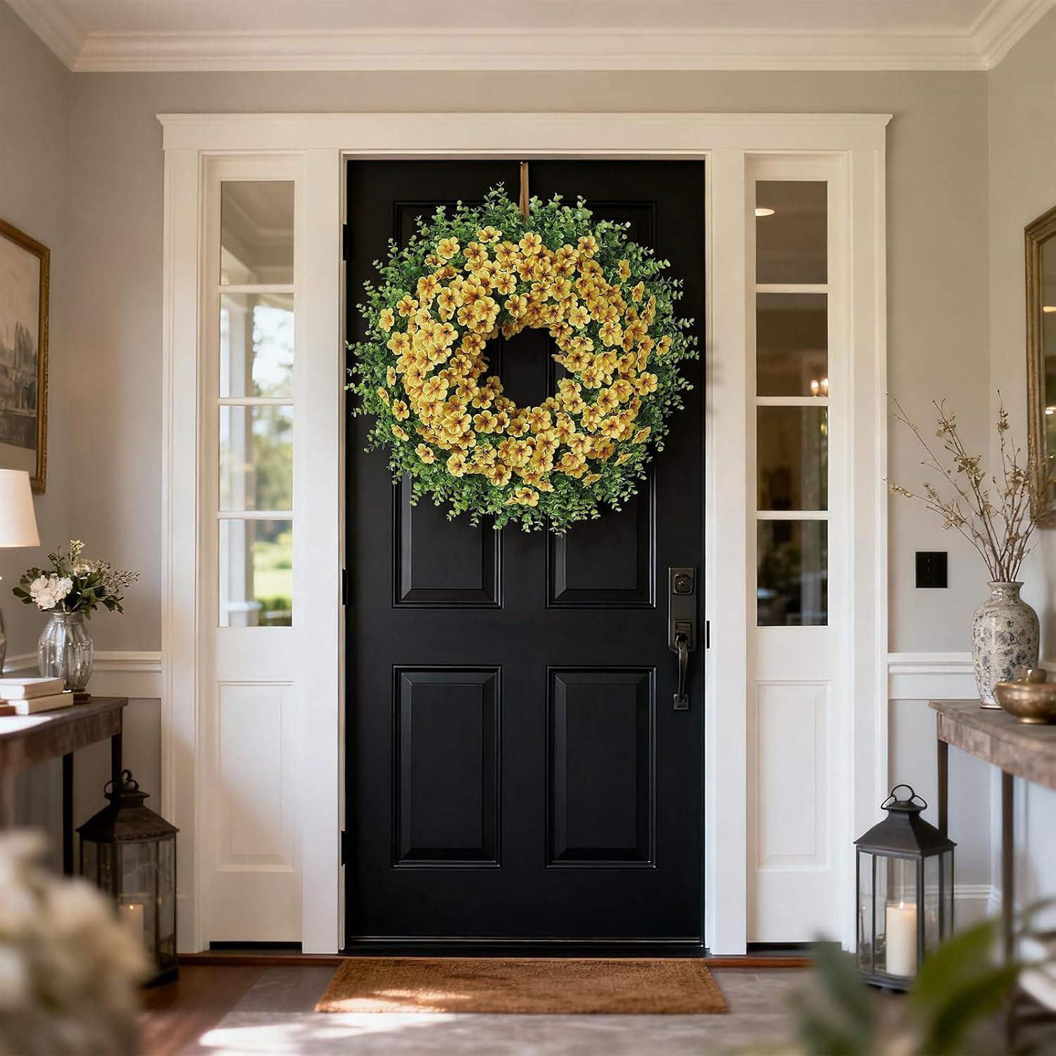 26" Artificial Eucalyptus with Flowers Wreath for Front Door (Yellow) | Large Faux Eucalyptus & Morning Glory Flowers Wreath,Silk Flowers,for Home Front Porch Farmhouse Spring Summer Outdoor Decor