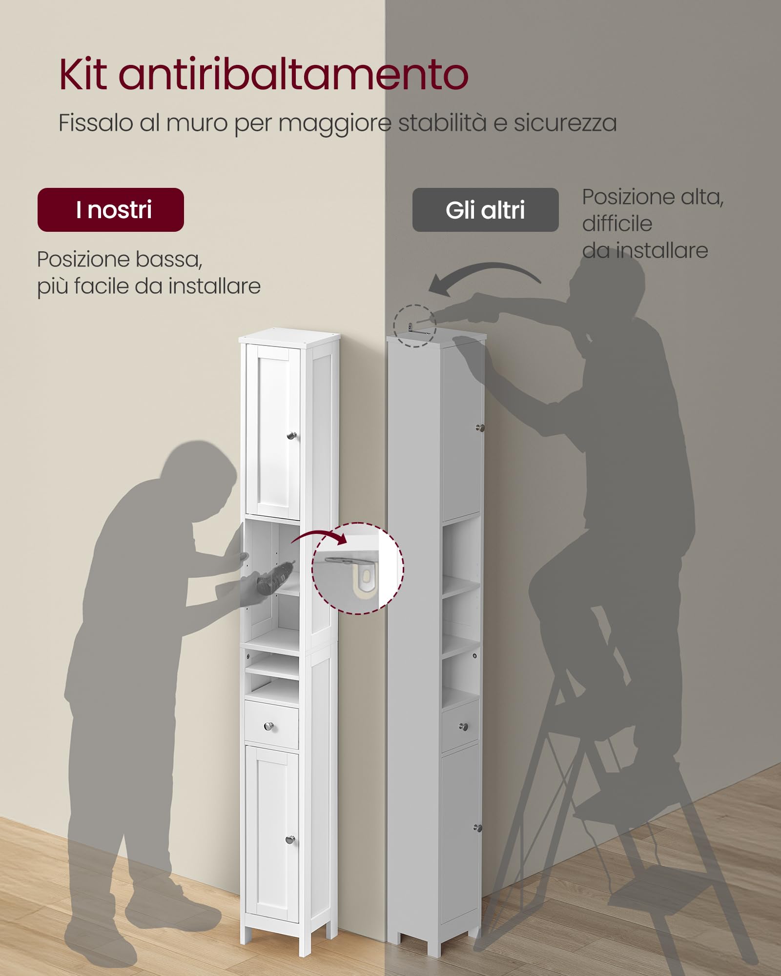 VASAGLE Armadio da Bagno Alto, Mobiletto da Bagno Stretto, con Ripiani Regolabili, Cassetto, Scomparti Aperti, per Piccoli Spazi, Moderno, Bianco Nuvola BBC765W01
