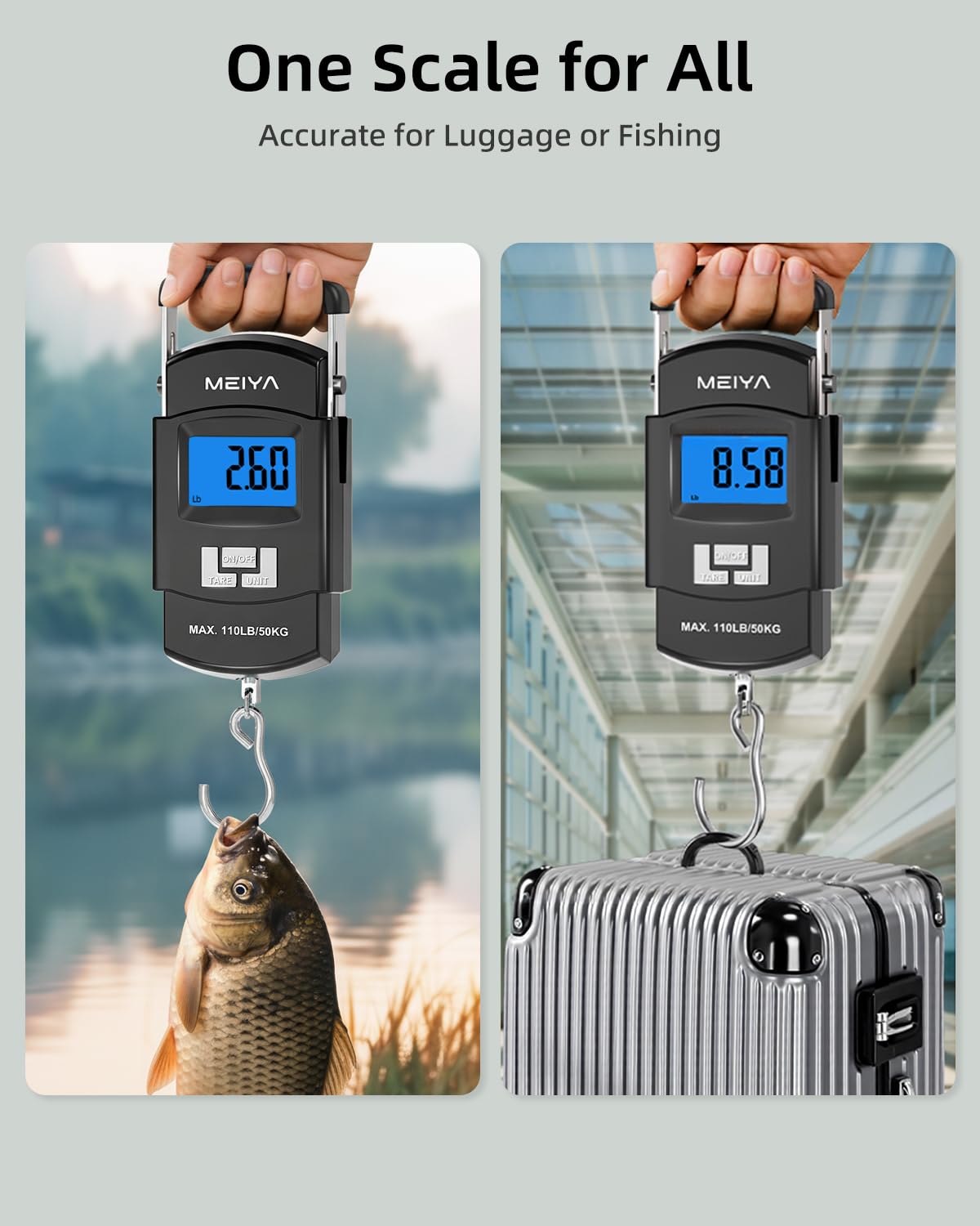 MEIYA Fish Scale 110lb/50kg Digital Fishing Scale with Backlit LCD, Portable Handle, Stainless Steel Hook & 2 AAA Batteries – Reliable Fishing Gear & Great Fishing Gifts for Men