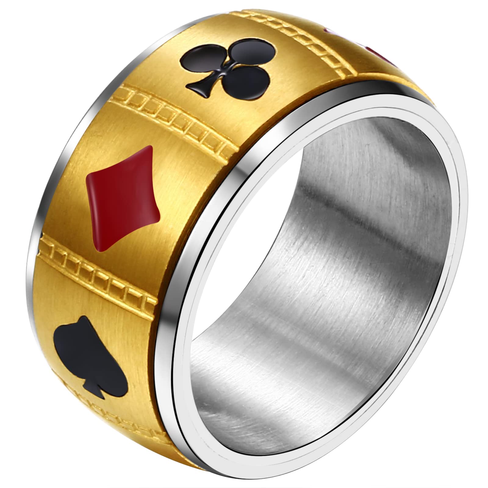 JewelryWe 10MM Poker Spinner Ring Ace Spades Playing Card Rotatable Fidget Anxiety Relief Ring Mens Stainless Steel Bands,Gold Tone(US 10)