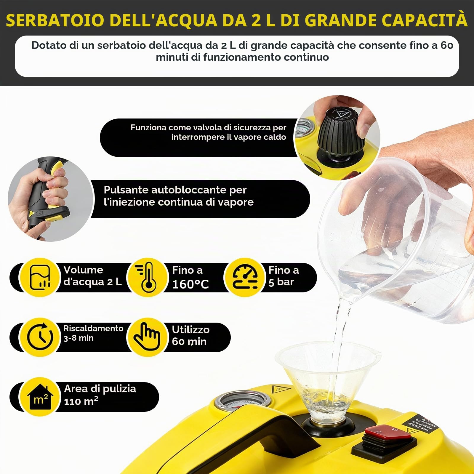 Pulitore a Vapore 2000 W, Pulitore Vapore Casa Portatile con 15 Accessori, Pressione 4 Bar, Serbatoio: 2 L,Vaporetto per la Pulizia Domestica di Tessuti, Fughe, Piastrelle, Auto, Cucina e Bagno