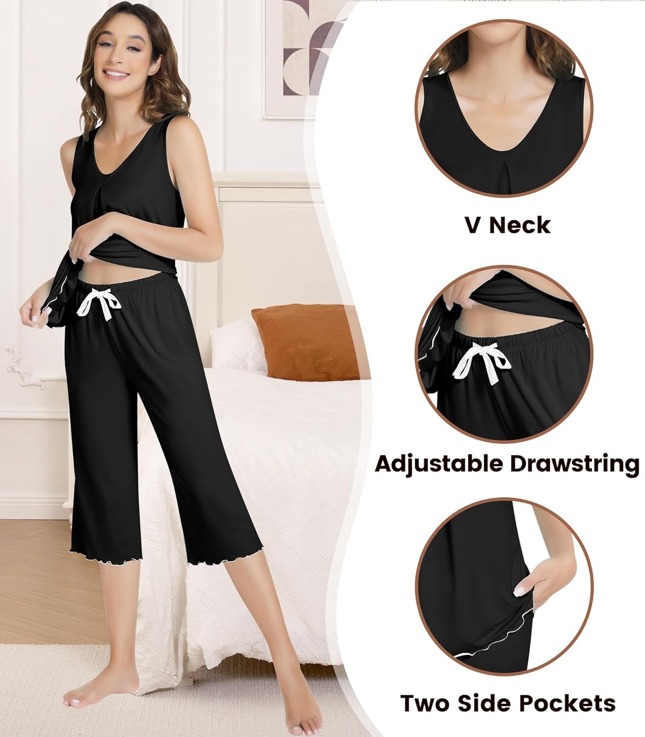 NACHILA Pajamas for Women-Viscose Made from Bamboo,Sleeveless Sleepwear Pleated Tank Top Pjs with Capri Pants Soft Pj
