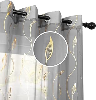 youleyar Gold Foil Print Voile Sheer Curtains,Wicker Grommet Top Window Drapes 84 Inches Long, Luxury Metallic Bronzing Treatment Panels for Home Window Decoration, 2 Panels(Grey,52W x 84L) - Buy now