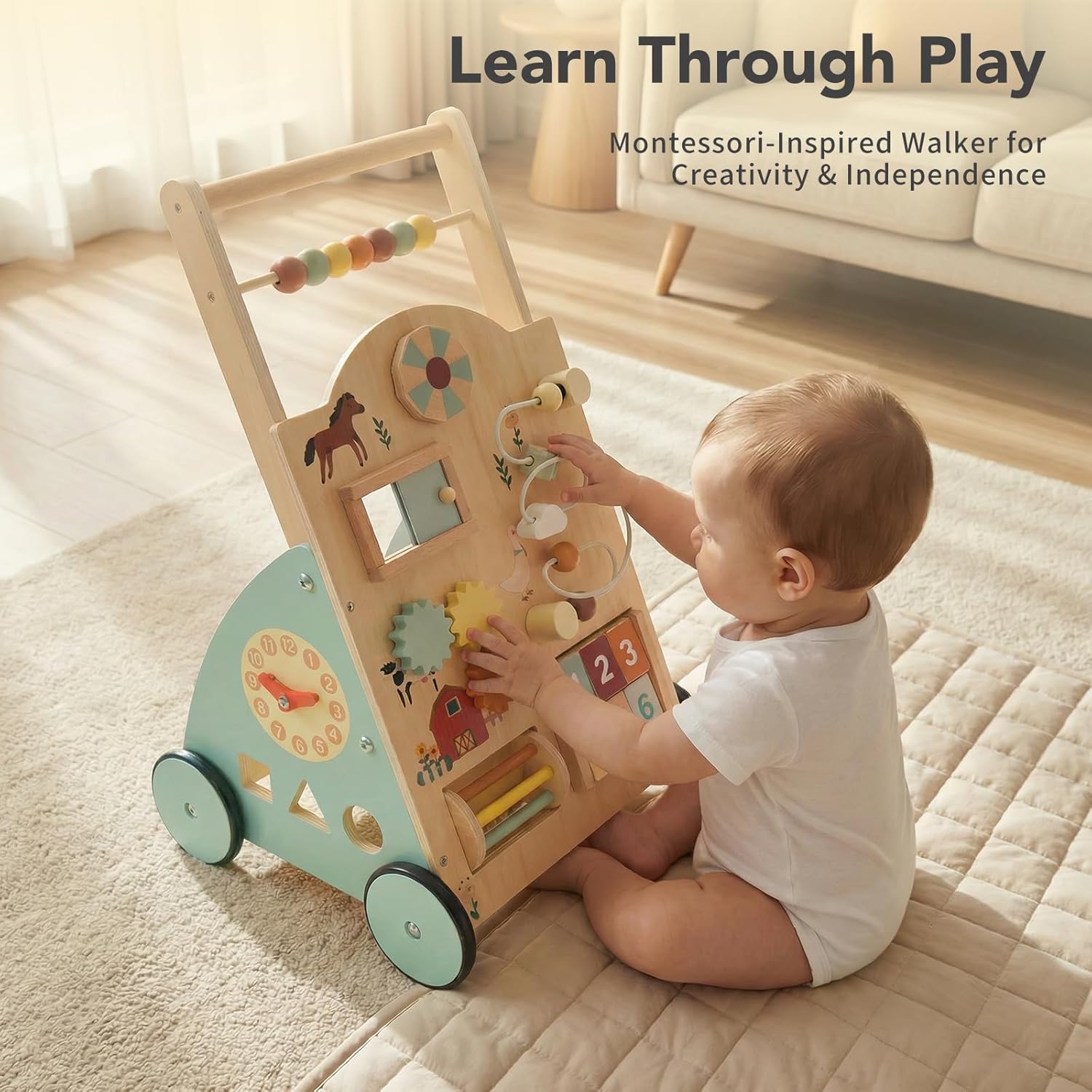 NEWBULIG Wooden Baby Walker for First Steps, Adjustable Speed Push Walker with Montessori Activity Center, Silent Wheels Baby Walking Toys