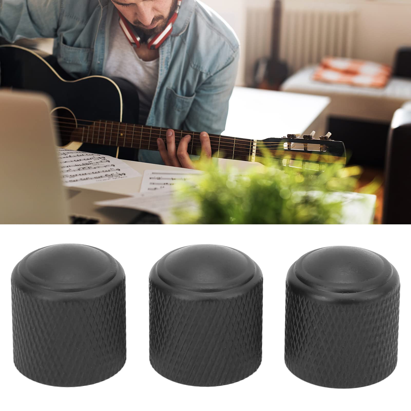 Electric Guitar Volume Tone Control Knobs, 3Pcs Close Fit Metal Dome Knob Aluminum Alloy for Musical Instrument (black)