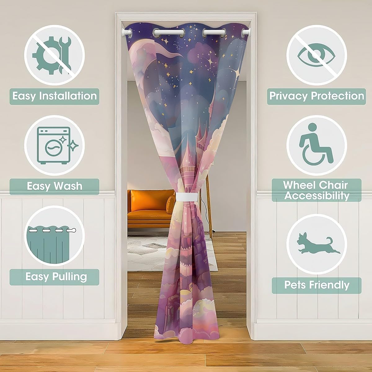 Pink Princess Castle Door Curtain 60" W X 80" L Watercolor Moon Glitter Stars Doorway Curtain Privacy for Kids Girls Teens Tie Dye Clouds Dreamy Wonderland Door Drape for Bedroom Closet Door
