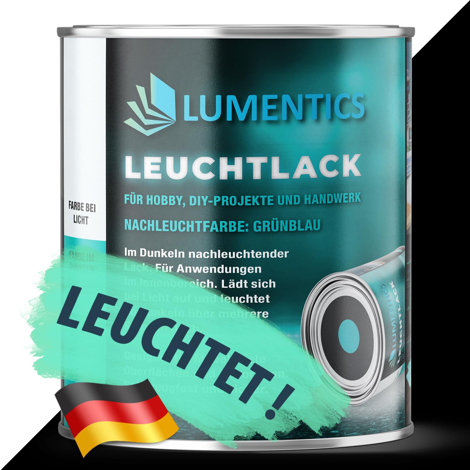 LUMENTICS Lack nachleuchtend GrünBlau 250ml - Farbe leuchtet im Dunkeln - Leuchtlack auf Acrylbasis - Phosphoreszierend - Made in Germany