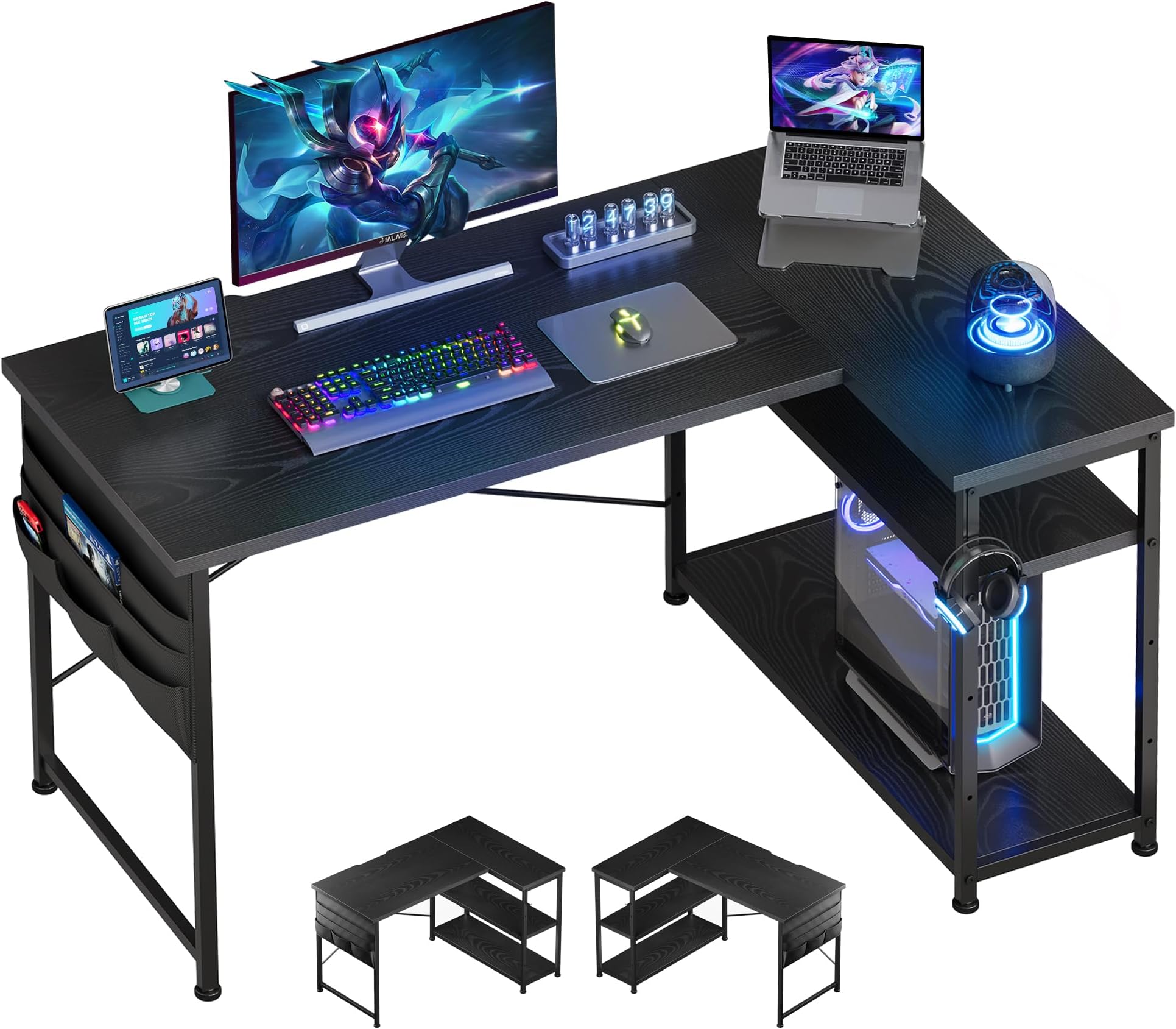Amazon | ODK パソコンデスク l字デスク ゲーミングデスク L字型 デスク 机 幅120cm ラック付き pcデスク desk ...