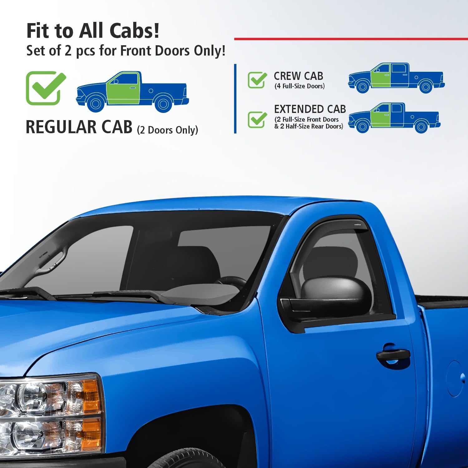 Goodyear Shatterproof in-Channel Window Deflectors for Trucks Chevrolet (Chevy) Silverado/GMC 1500 Sierra 2007-2013 Regular Cab, Rain Guards, Vent Visors Deflector, Truck Accessories, 2pcs - GY007737
