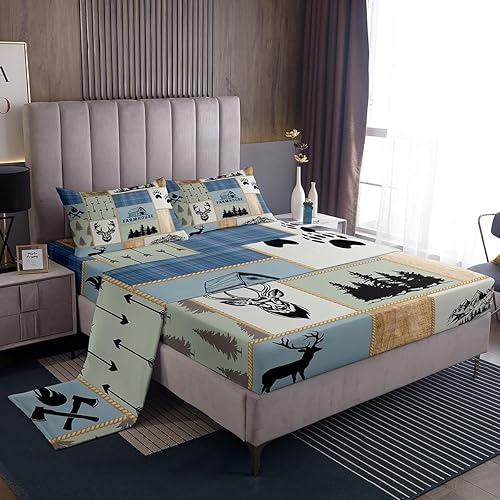 Miniatura 8 de Juego de sábanas con estampado de patas de oso, tamaño King, diseño retro de pinos y animales salvajes, 1 encimera, 2 fundas de almohada, decoración