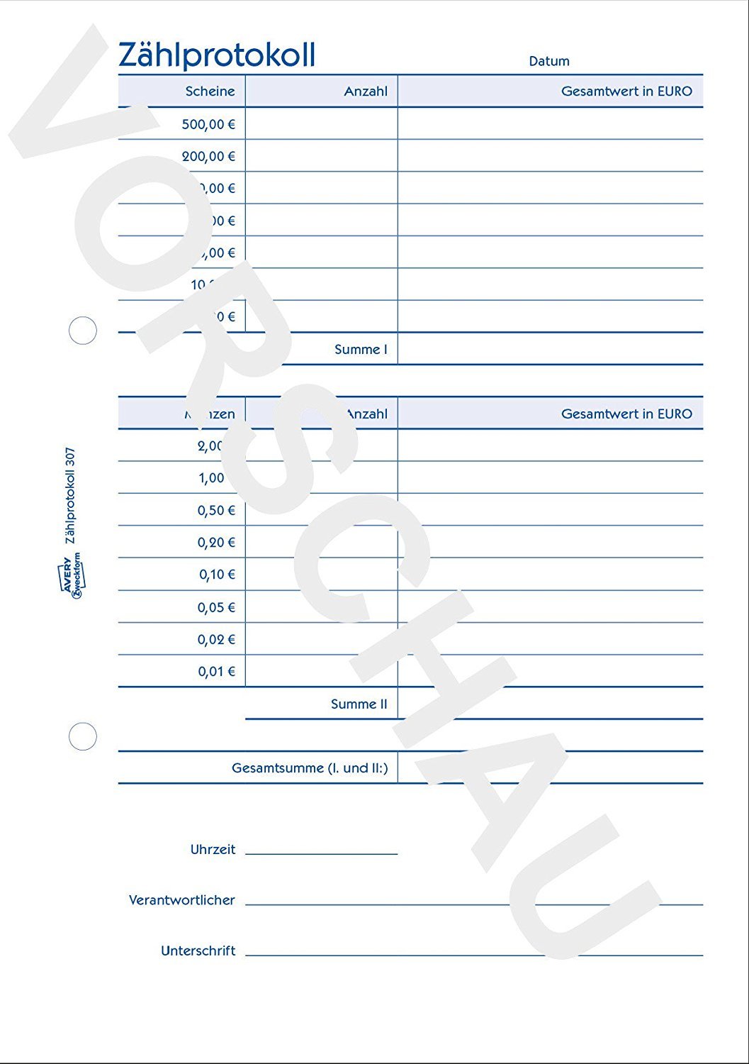 Avery Zweckform 307 Zählprotokoll für offene Ladenkassen (A5, 50 Blatt) weiß (5)