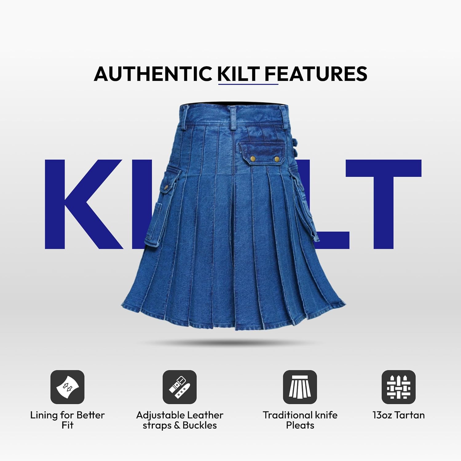 Men's Deluxe Utility Denim Kilt - Modern Utility Kilt for Men, Authentic Jean Kilts with Tactical Style