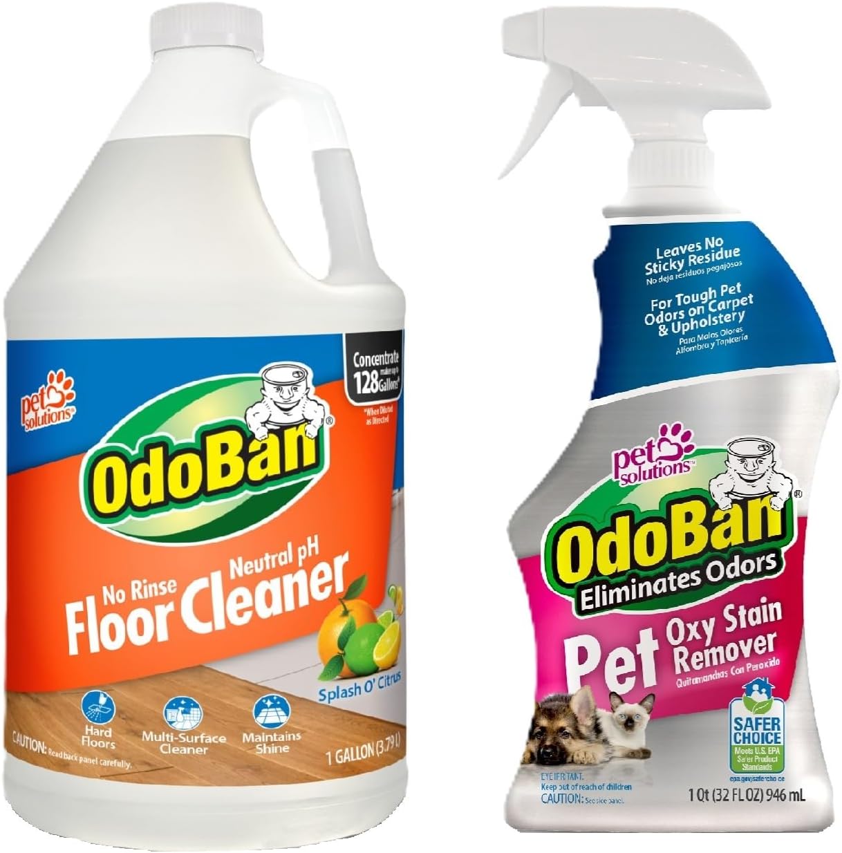 Pet Solutions No Rinse Neutral pH Floor Cleaner Concentrate, Made in the USA, 1 Gallon, and Oxy Stain Remover, 32 Ounce Spray