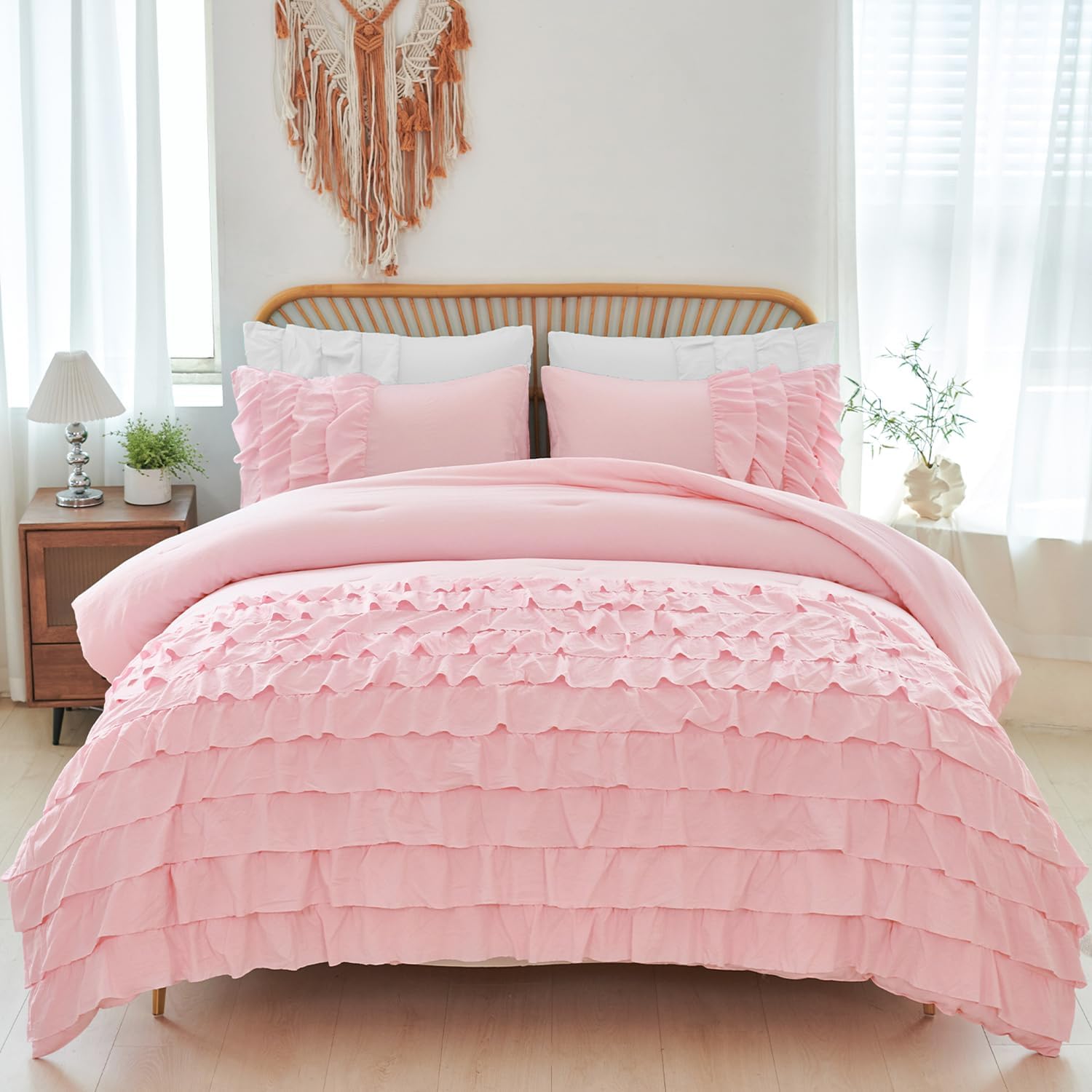 PERFEMET Pink Ruffled Comforter Set Twin Multi-Layers Ruffle Bedding for Girls Princess Bedding Set Kids Chic Room Decor (Light Pink，Twin)