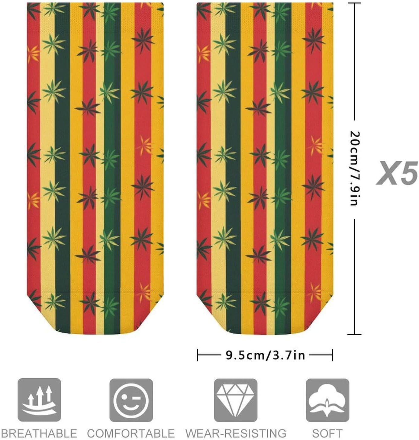 Rastafarian Stripes Weeds 5 Pairs Low Cut Ankle Socks Casual Liner Sock No Show Invisible Socks for Men Women