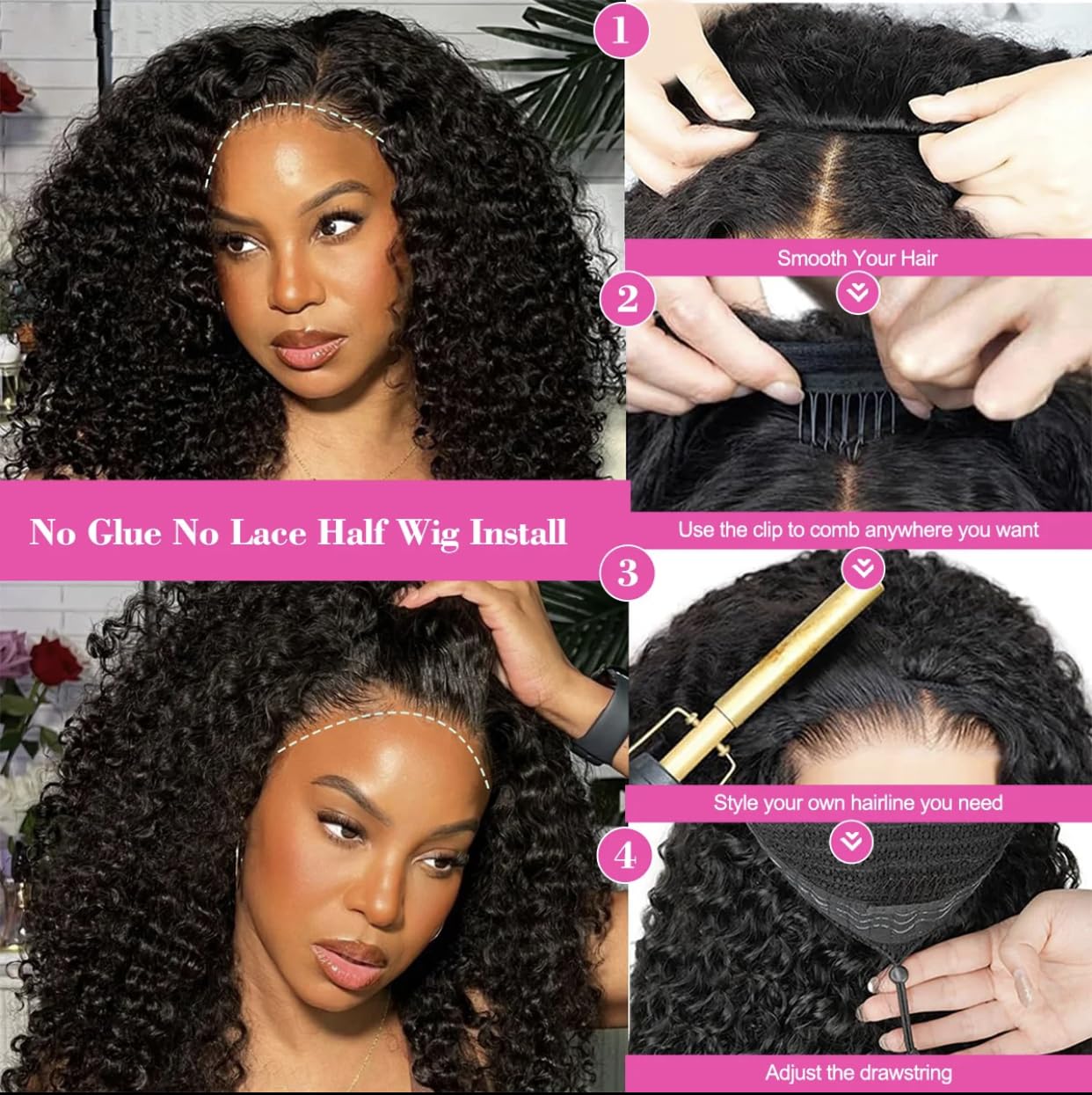 Larhali Burmese Curly Half Wig Human Hair Wear And Go Glueless Wigs Human Hair 14 Inch Curly 3 In 1 Half Wigs for Women 200% Density Drawstring Seamless Flip Headband Wig Beginner Friendly