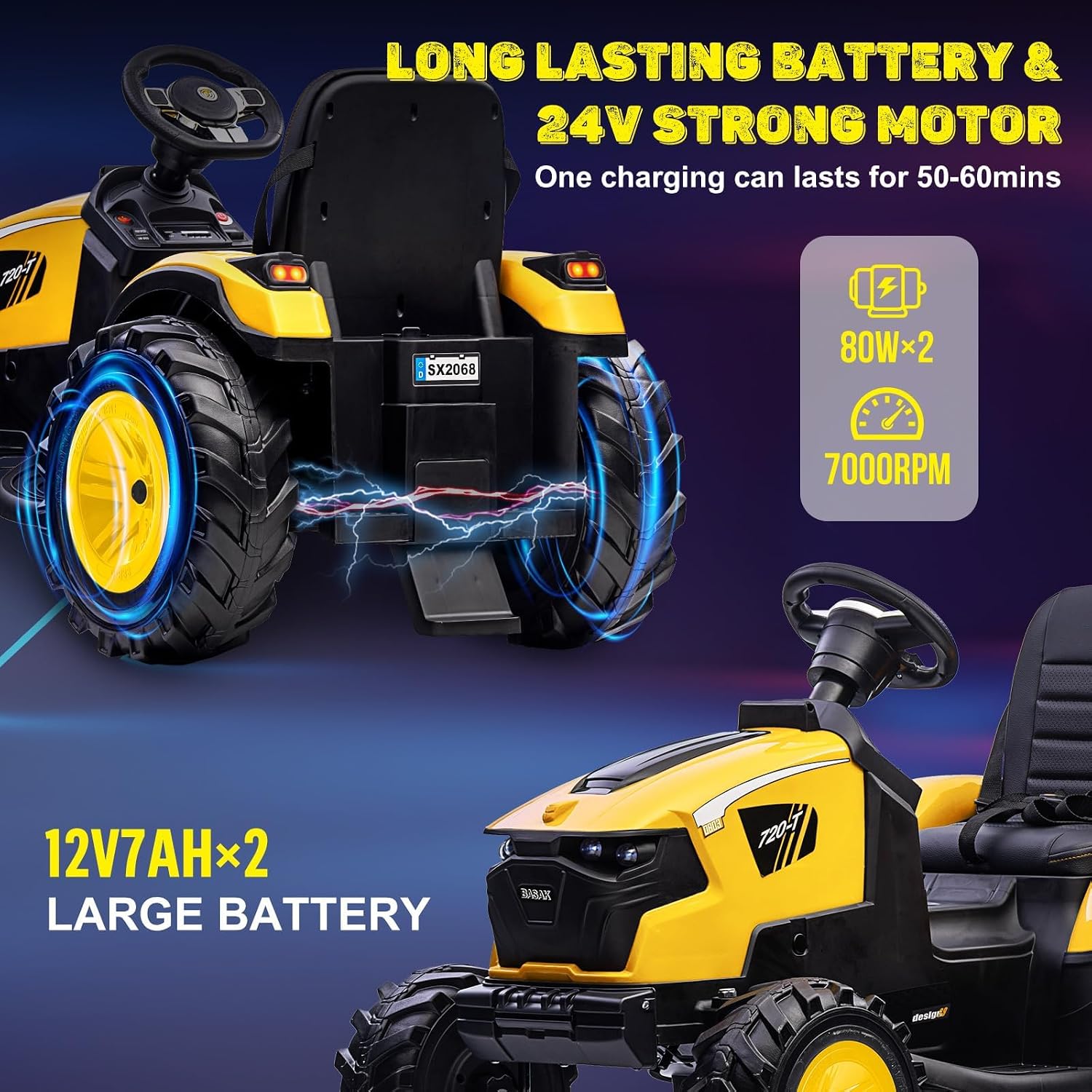 Garvee 4-in-1 Ride on Tractor, 24v Ride on Toys for Big Kids, Remote Control Excavator with Trailer, Shovel Bucket, Digger, Remote Control, EVA Tires, LED Light, Music, USB, Yellow