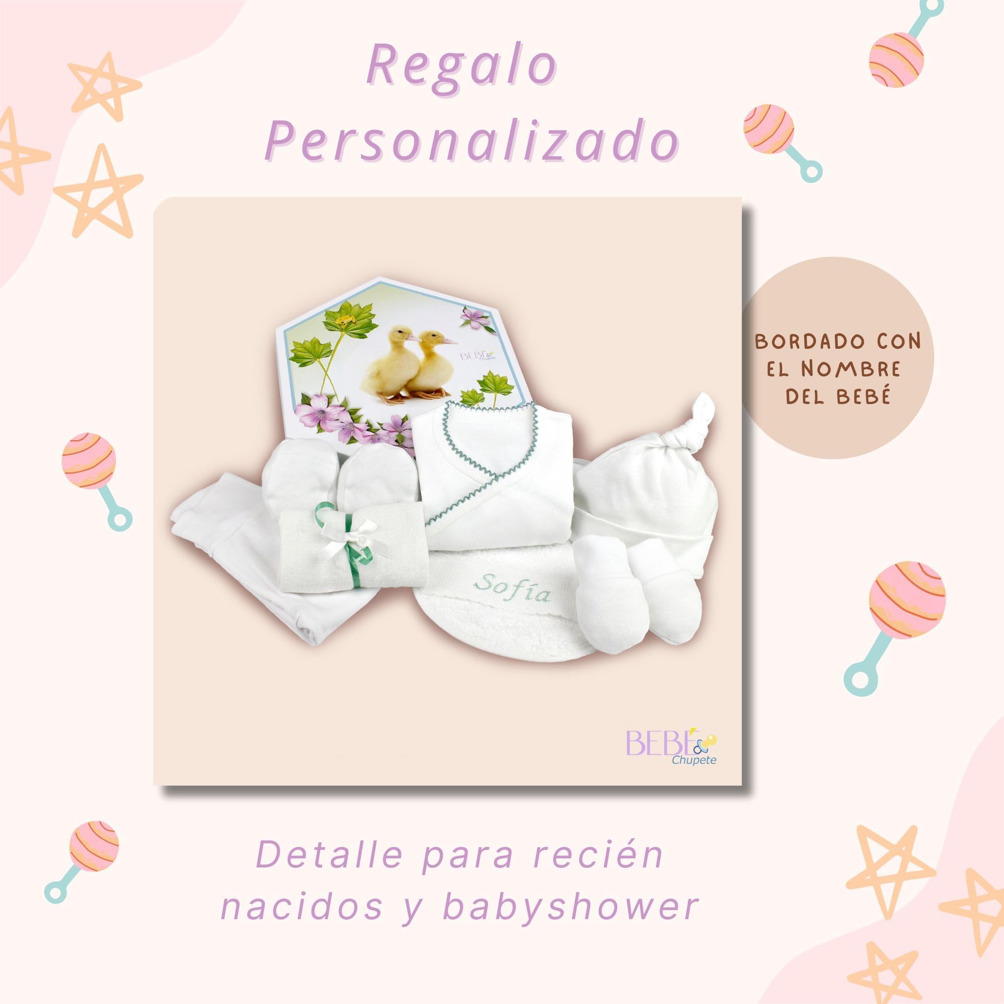 BEBÉCHUPETE Primera puesta Bebe Recien Nacido - Cosas para Bebes Recien Nacidos con Babero Bordado con Nombre - Regalos bebes recien nacidos originales - Kit bebe recien nacido - Cestas bebe (Verde)