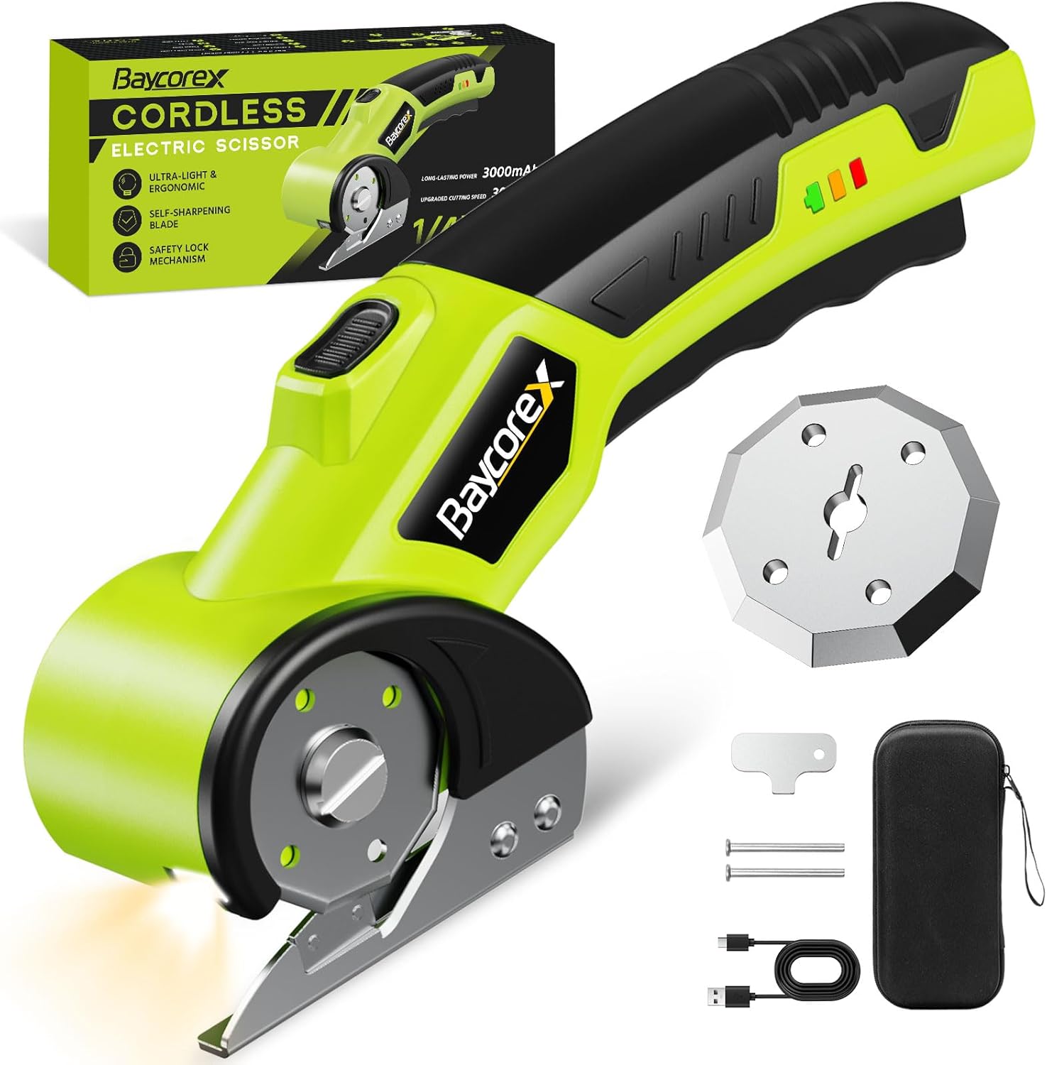 Electric Cardboard Cutter,3000mAh Box Cutter Rechargeable,Cordless Electric Scissors with 2 Blade, 4V Upgrade Motor,Safety Lock & LED Light, Powerful Cutting Tool for Paper Carpet,Green