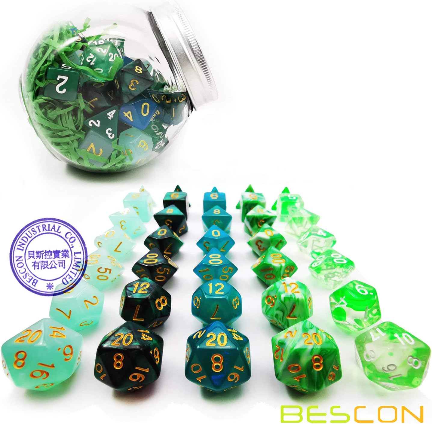 Bescon 35pcs Polyhedral RPG Dice Emeralds Set, DND Role Playing Game Dice Green Sets 5X7pcs