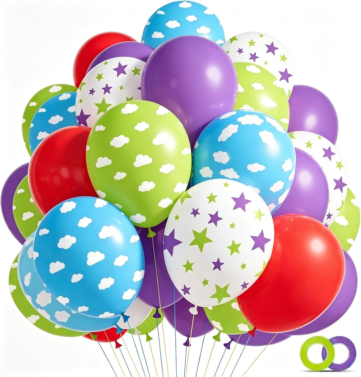 FYSUIMU 60Pcs 12 Inch Red Purple Blue Toy Balloons Cartoon Story Themed Balloon Blue Sky White Cloud Latex Balloon for Birthday Baby Shower Party Supplies