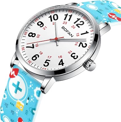 BOFAN Nurse Watch for Medical Professionals,Students,Doctors with Easy to Read Dial,Second Hand and 24 Hour,Soft Comfort Print Silicone Band,Water Resistant