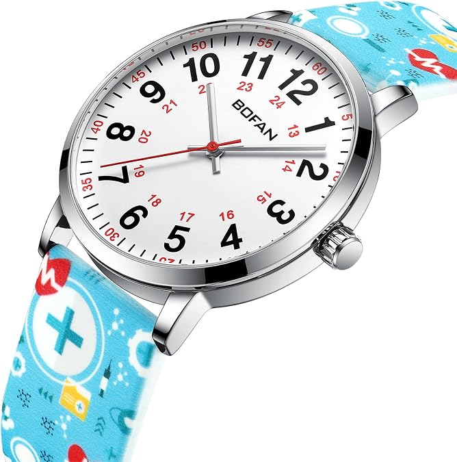 BOFAN Nurse Watch for Medical Professionals,Students,Doctors with Easy to Read Dial,Second Hand and 24 Hour,Soft Comfort Print Silicone Band,Water Resistant