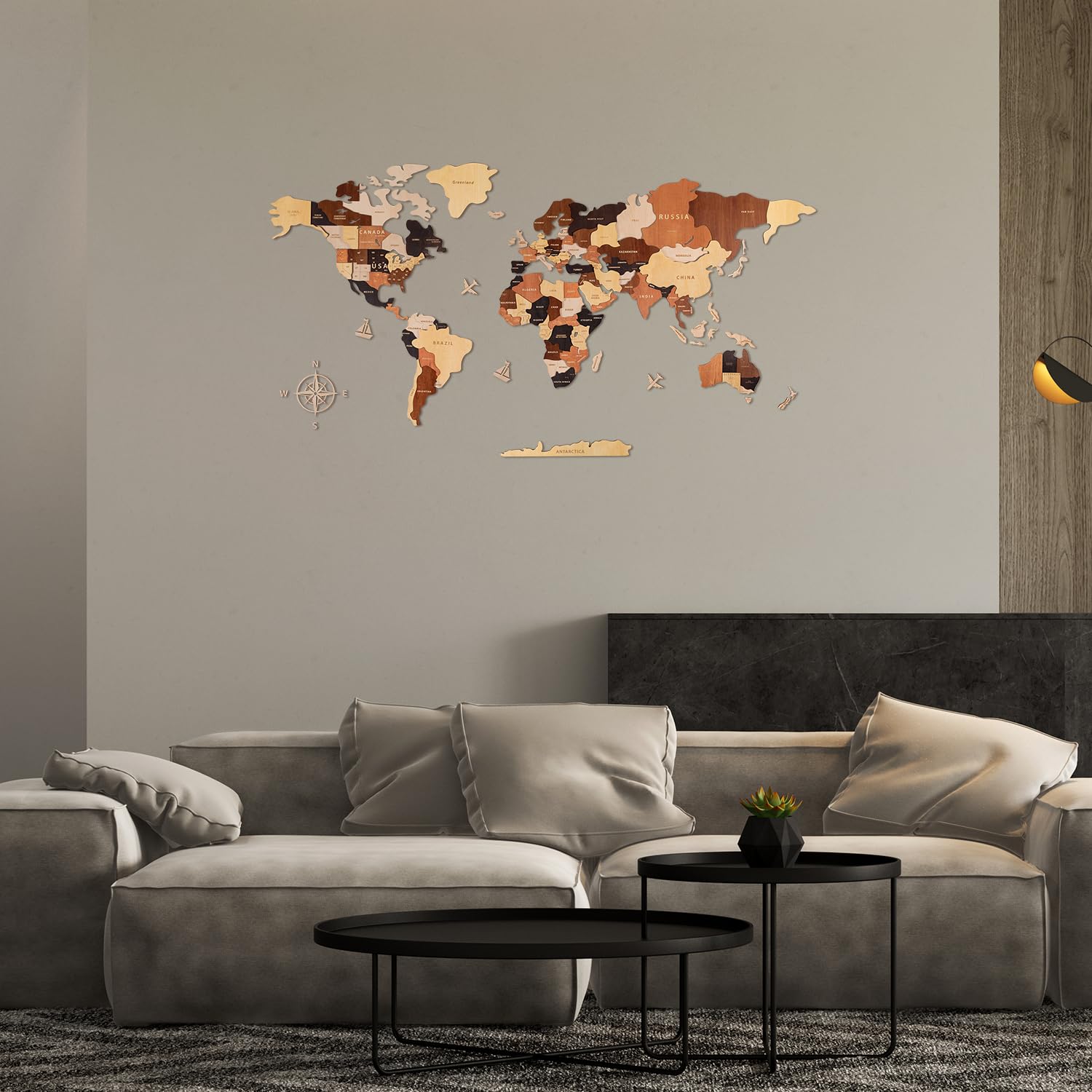 Creawoo 3D Mappa del Mondo in Legno da Parete Decorazione, multistrato mappamondo in legno decorazione da parete arte per casa, ufficio, camera, idea regalo per ogni occasione-100x57cm