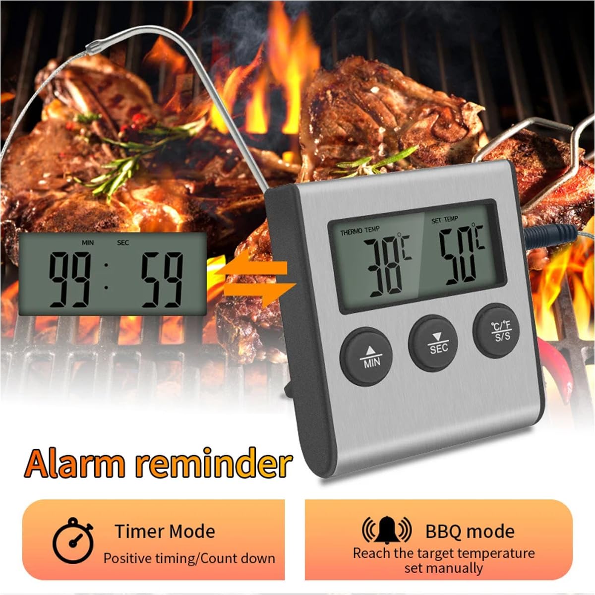 Termometro Digitale Per Forno - Sonda Da Cucina Con Display Grande Per BBQ, Grill E Pizze, Precisione ±1°C - Foto 8