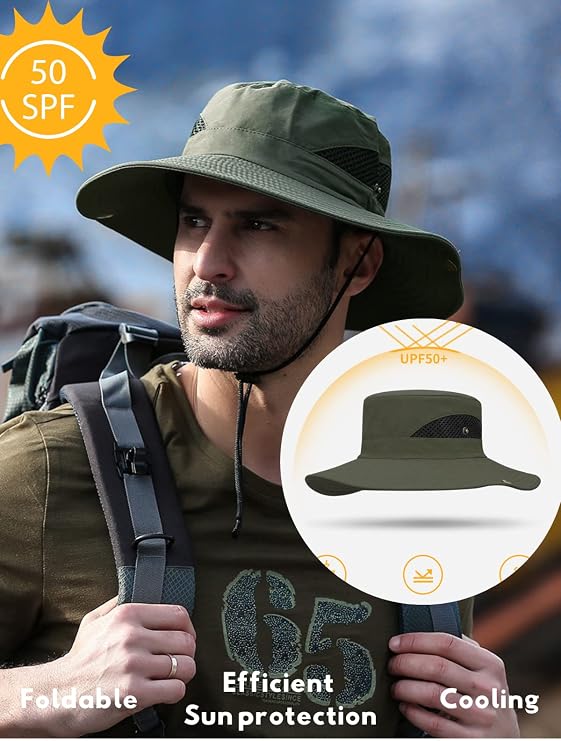 Men's Wide Brim Fishing Hat - UPF 50 Summer Sun Hat for Fishing, Golf, Beach, and Hiking - Safari Style Bucket Hat