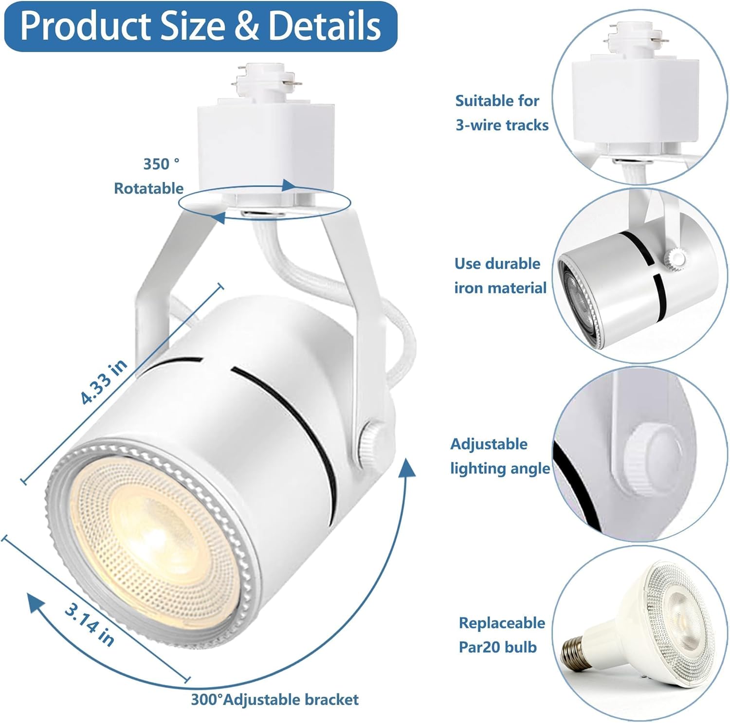 White LED Track Lighting Kits, 6000K Cold White Dimmable PAR20 Track Lighting Heads, Spotlight Fixtures with 2x3.28Ft H Type Track Rails, Included 6x20W LED Bulbs for Supermarkets Warehouse