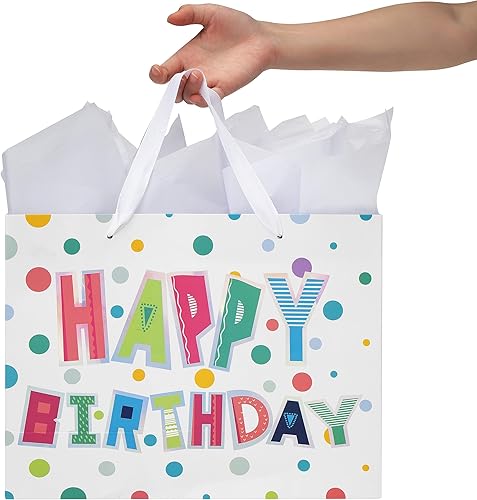 Miniatura 6 de Juego de bolsas de regalo grandes y coloridas de 13 pulgadas con tarjeta de felicitación y papel de seda (borde láser de aluminio Happy Birthday)