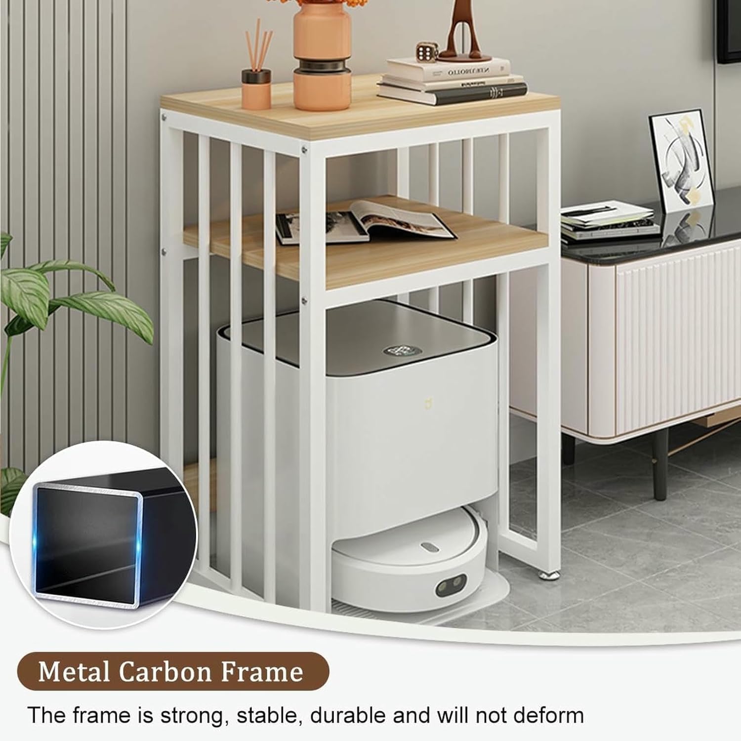 Robot Vacuum Stand Cabinet,Storage Rack Above The Sweeping Robot,Hotel Apartment Sweeping Robot Organizer Shelf,Metal Nightstand,End Side Table for Home Office