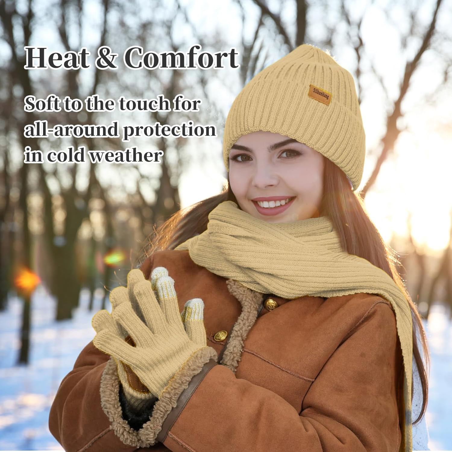 Winter Knit Beanie Hat Scarf Gloves Cold Weather Set, Warm Knit Beanie Long Scarf Touchscreen Gloves,Winter Gifts for Women - Image 5