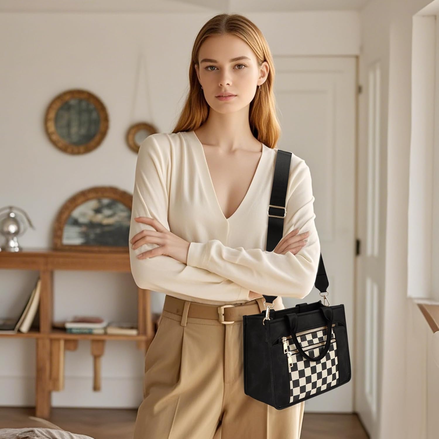 WJCD Women's Tote Handbags Stylish Vegan Leather Handheld Purse for Women Plaid Striped Adjustable Strap Durable Lightweight