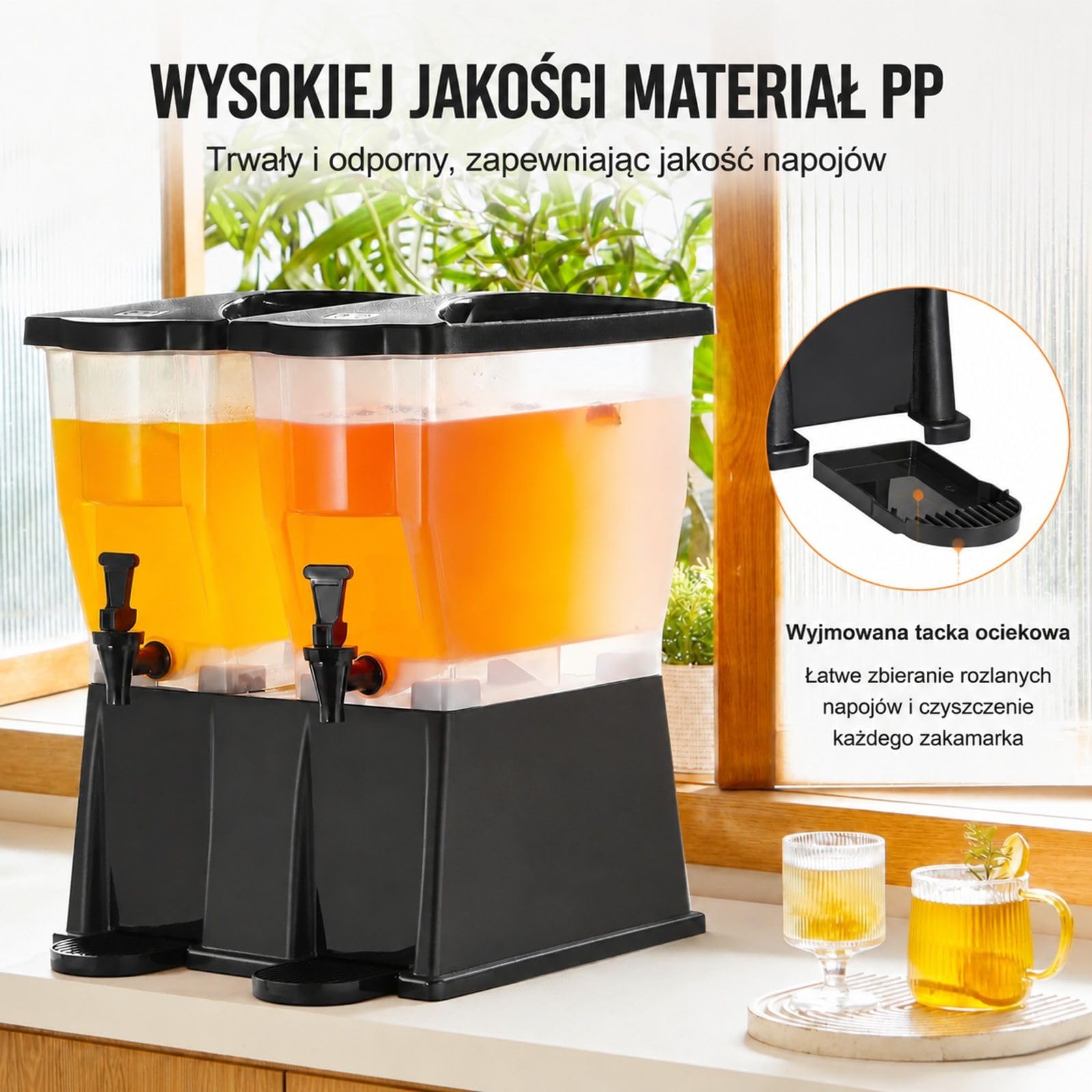 Zestaw 2 dystrybutorów napojów z PP, dozownik soku z kranikiem i stojącą pokrywką do herbaty mrożonej, lemoniady, soku i wody dla restauracji, hoteli i przyjęć