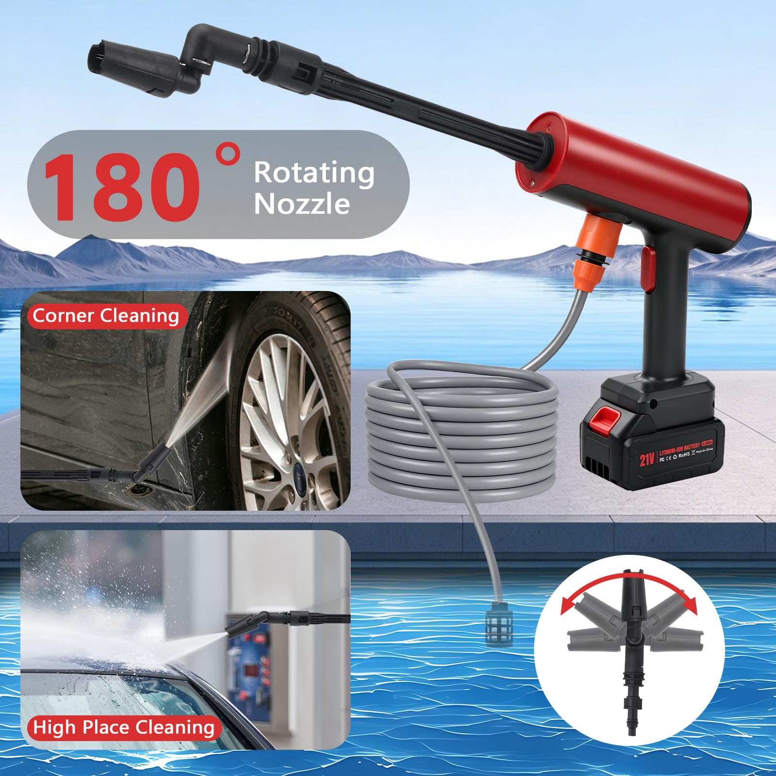 Limpiador a Presión con 2 Baterías 2600 mAh, 30 Bar, 150W | Pistola de Limpieza Portátil, Manguera 5 m, Boquilla 6 en 1 y 180°, Jarra de Espuma, Filtro, Maletín, UE