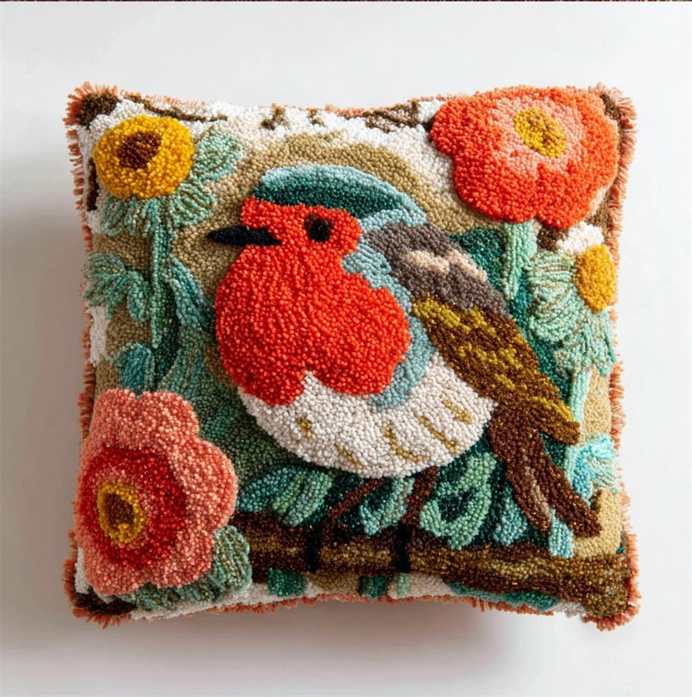 kitphoenix Latch Hook Kits Make Your Own Cushion,Robin and Flowers